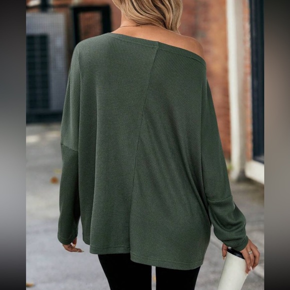Solid Off Shoulder Loose Fit Waffle Long Sleeve Top - Picture 2 of 8